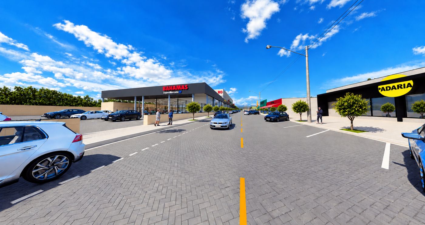 Rua da área comercial ilustrativa, com supermercado, padaria e lojas