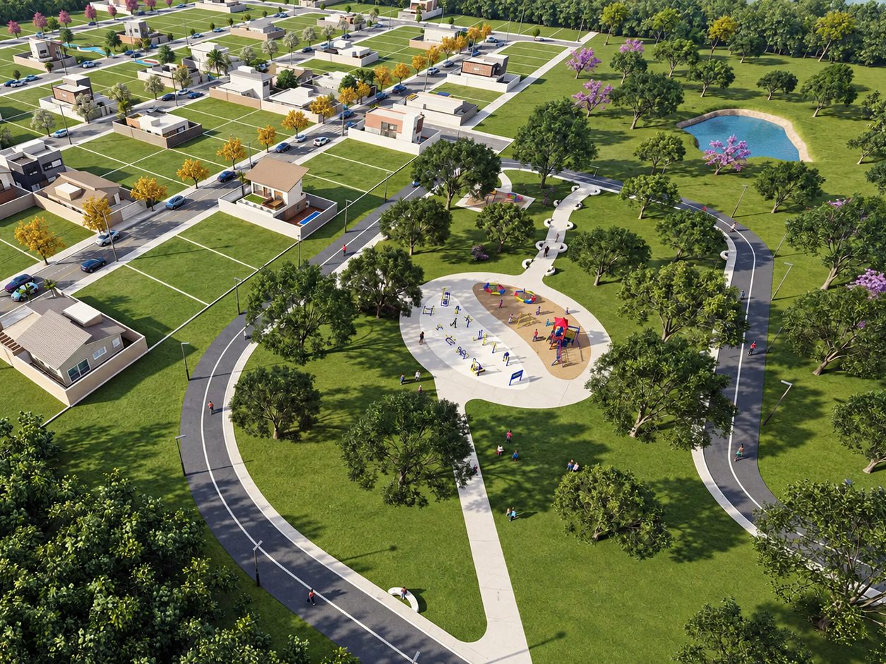 Vista aérea ilustrativa da praça de lazer do Villa Del Rei, com pista de cooper, playground, academia ao ar livre e lago, ao lado das casas do bairro