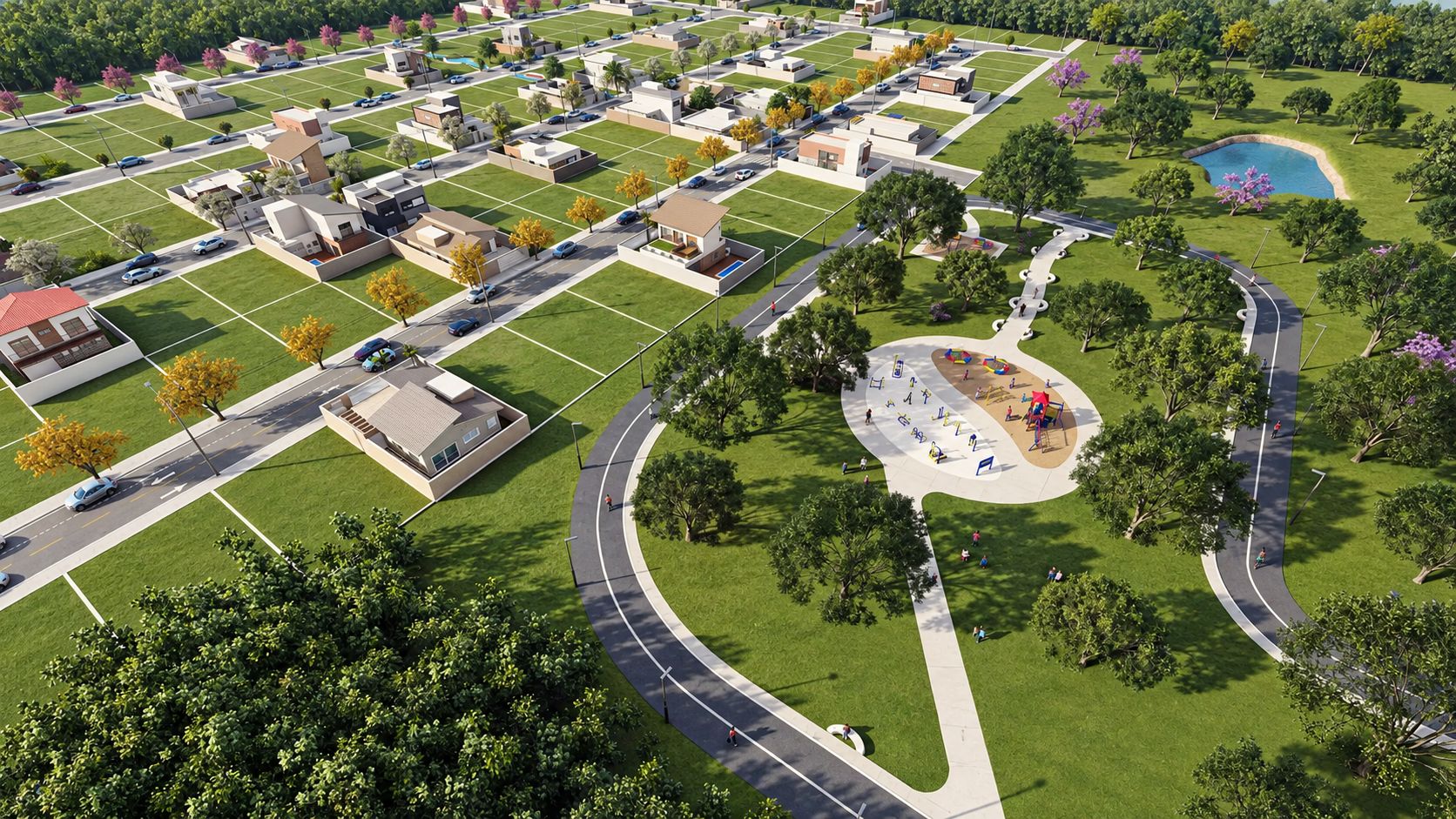 Vista aérea ilustrativa do Villa Del Rei, com quadras, ruas arborizadas e a praça de lazer com pista de cooper