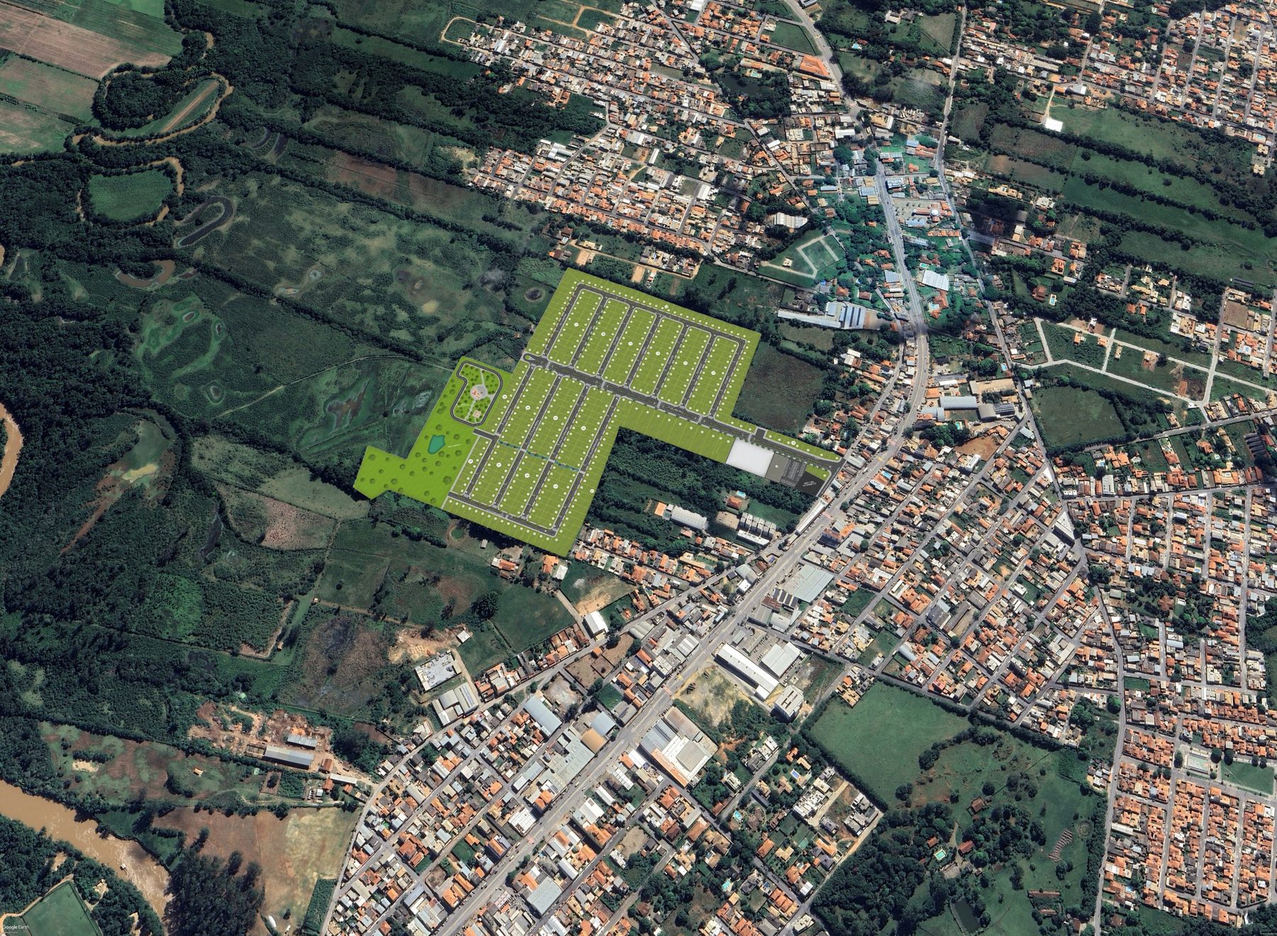 Imagem de satélite com a implantação ilustrativa do Villa Del Rei na Colônia do Marçal, em São João del Rei