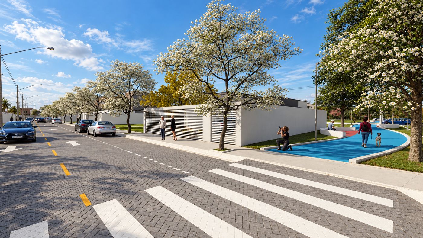 Rua ilustrativa com piso intertravado, faixa de pedestres e árvores floridas