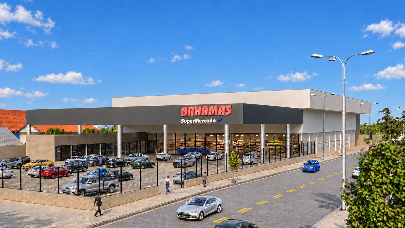 Supermercado BAHAMAS ilustrativo, com estacionamento, na área comercial do bairro